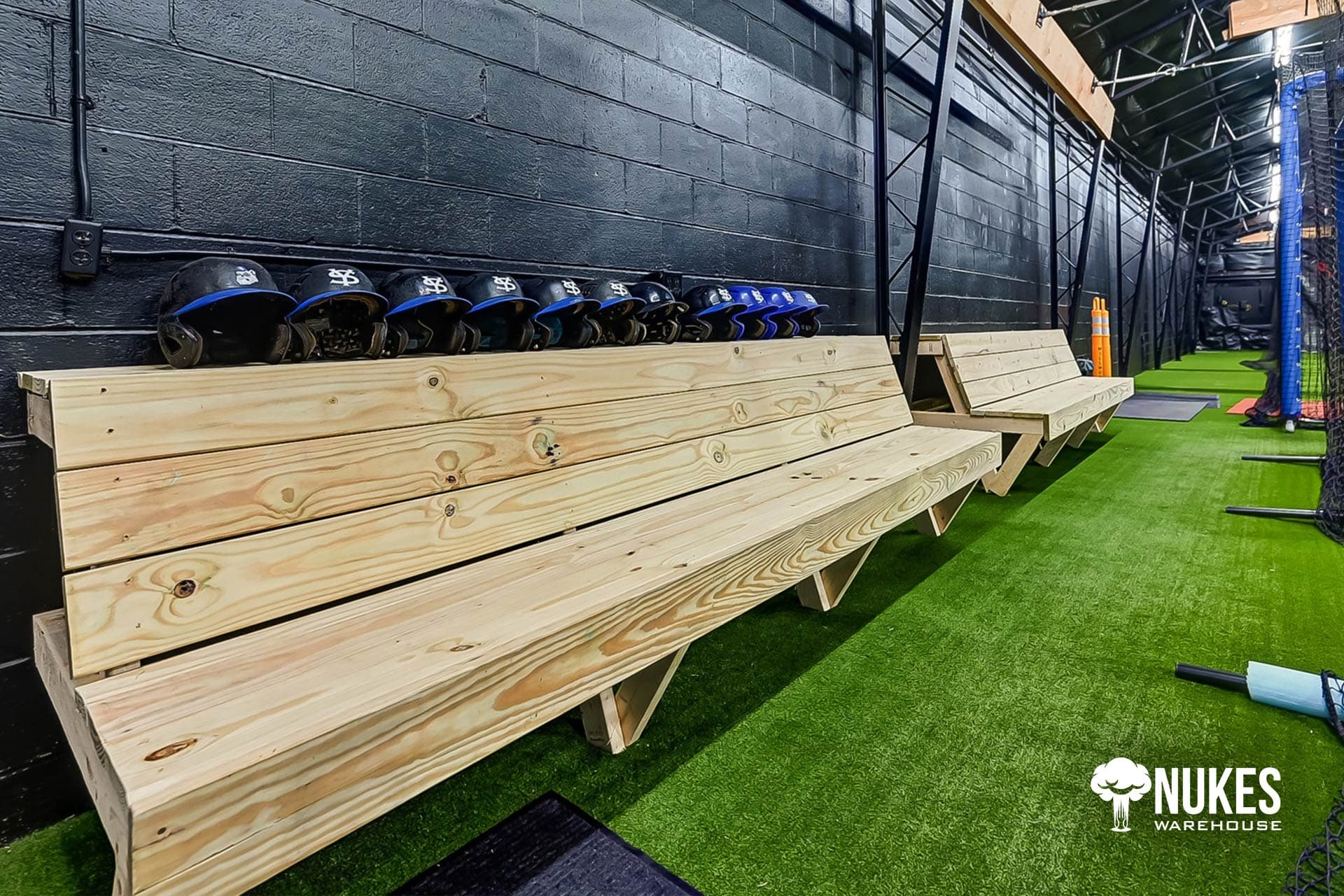 Dugout benches with helmets